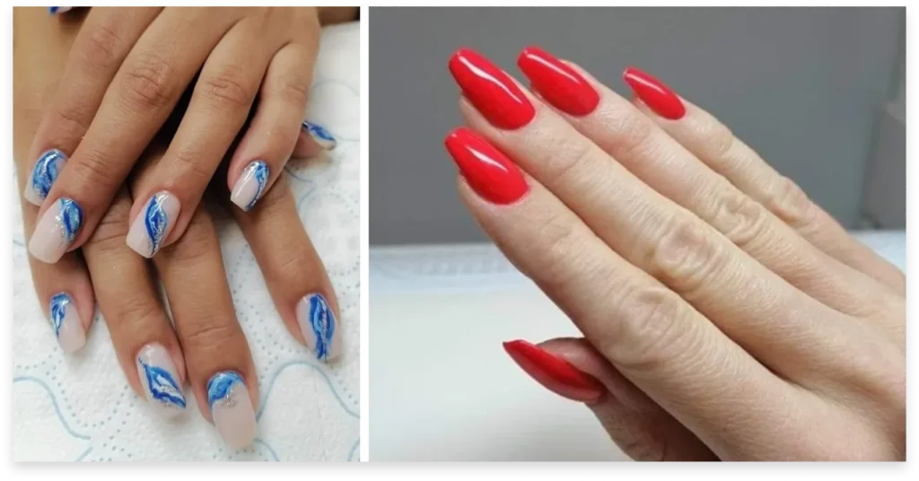 Manicure w intensywnym czerwonym kolorze i z niebieskim zdobieniem